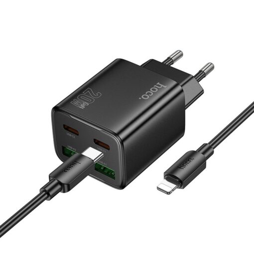 HOCO Netz-Ladegerät 2 x Typ C + 2 x USB A + Typ C auf Lightning Kabel PD QC3.0 3A 20W N55 schwarz
