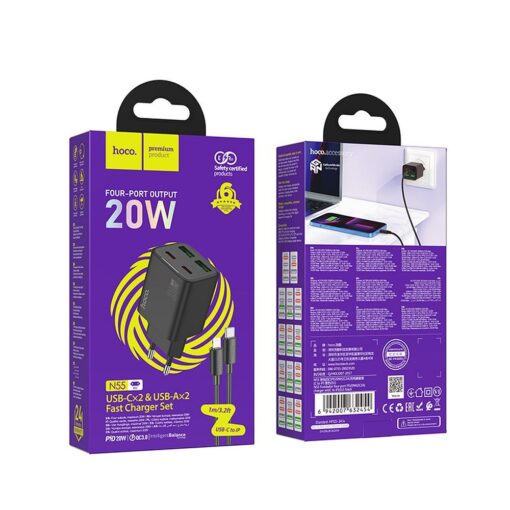 HOCO Netz-Ladegerät 2 x Typ C + 2 x USB A + Typ C auf Lightning Kabel PD QC3.0 3A 20W N55 schwarz – Bild 6