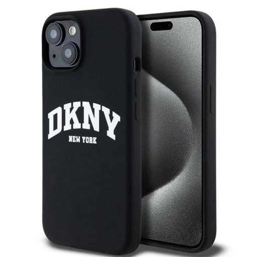 DKNY Handyhülle für IPHONE 15 kompatibel mit MagSafe DKHMP15SSNYACH (DKNY HC MagSafe Silicone W/White Arch Logo) schwarz