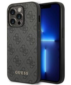 Original GUESS Case GUHCP14LG4GFGR für iPhone 14 PRO (4G Gold Logo / Grau)