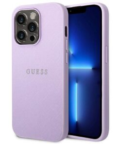 Originales GUESS Case GUHCP14LPSASBPU für iPhone 14 PRO (Saffiano mit Metall-Logo / Lila)