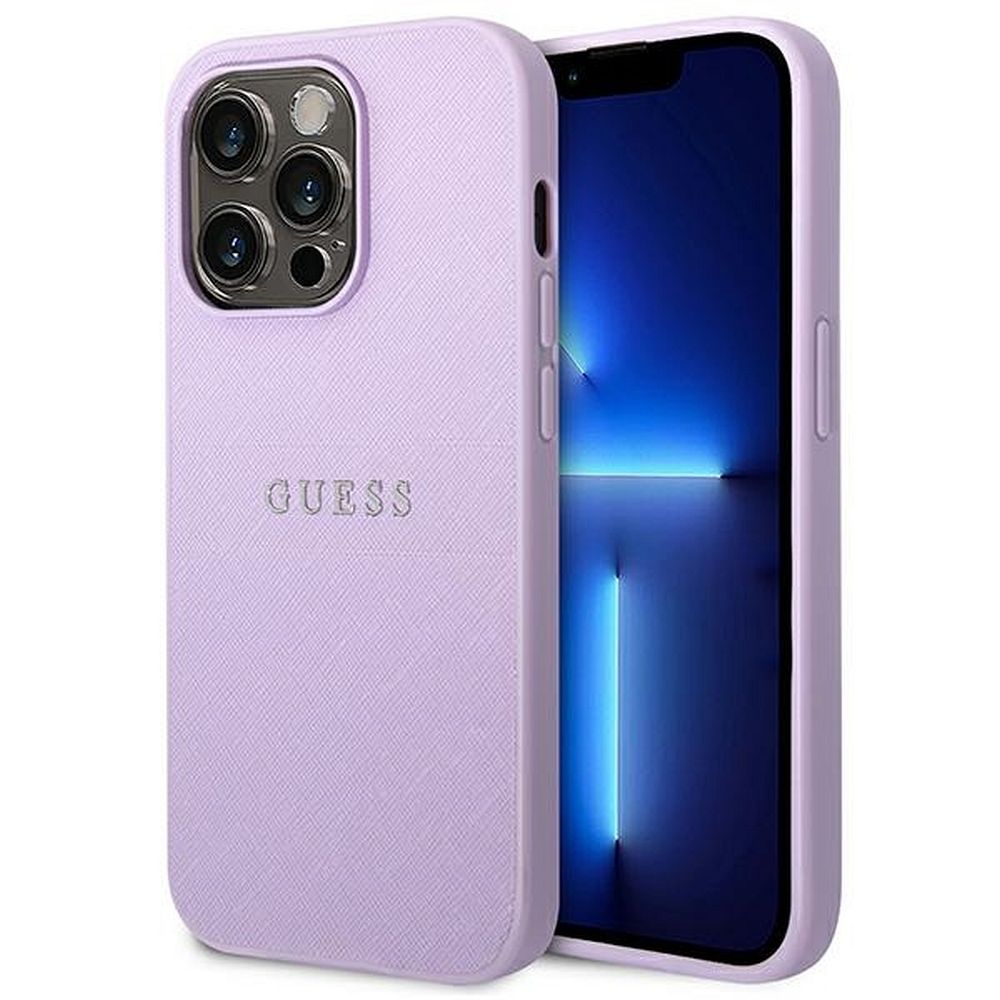 Originales GUESS Case GUHCP14LPSASBPU für iPhone 14 PRO (Saffiano mit Metall-Logo / Lila)