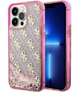 Original GUESS Case GUHCP14LLC4PSGP für iPhone 14 PRO (Liquid Glitter 4G transluzent / Pink)