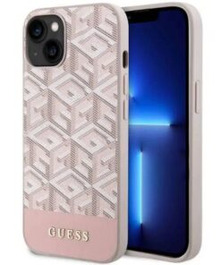 Original GUESS Hülle GUHMP14SHGCFSEP für iPhone 14 (Kompatibel mit Magsafe GCUBE Stripes / Rosa)