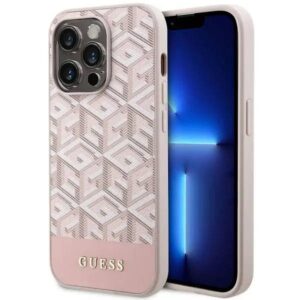 Original GUESS Case GUHMP14LHGCFSEP für iPhone 14 PRO (kompatibel mit Magsafe GCUBE Stripes / Rosa)