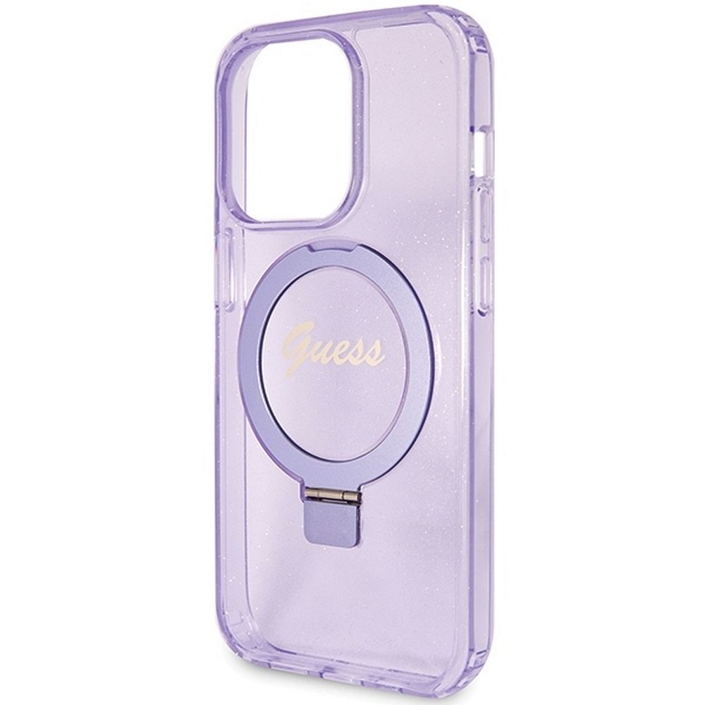 Original GUESS Case GUHMP15LHRSGSU für iPhone 15 Pro (Magsafe-kompatibel / Glitter Script Logo / Ringhalter / Lila) – Bild 7