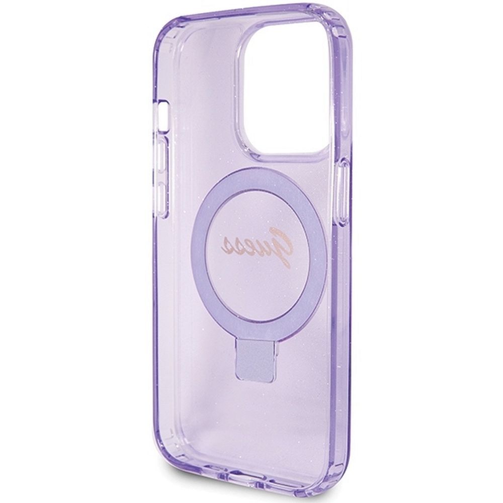 Original GUESS Case GUHMP15LHRSGSU für iPhone 15 Pro (Magsafe-kompatibel / Glitter Script Logo / Ringhalter / Lila) – Bild 8