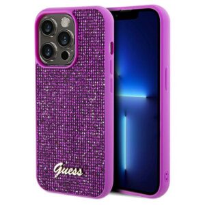 Original GUESS Hülle GUHCP14LPMSDGSF für iPhone 14 Pro (Disco Script Metall / Fuchsia)