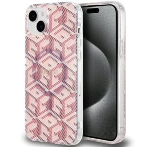 Original GUESS Case GUHMP15SHGCUSTGP für iPhone 15 (kompatibel mit MagSafe / IML GCUBE / Rosa)
