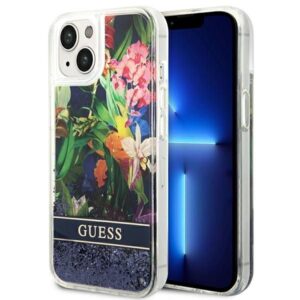 GUESS Handyhülle für iPhone 13 / 14 / 15 GUHCP14SLFLSB (Flower Liquid Glitter) Blau