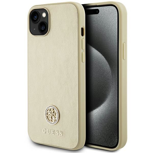GUESS Handyhülle für iPhone 13 / 14 / 15 GUHCP15SPS4DGPD (Leder, 4G Metall-Logo mit Strass) Gold