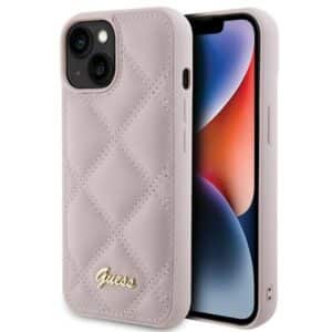 GUESS Handyhülle für iPhone 13 / 14 / 15 GUHCP15SPSQSQSP (Gestepptes Metall-Logo) rosa