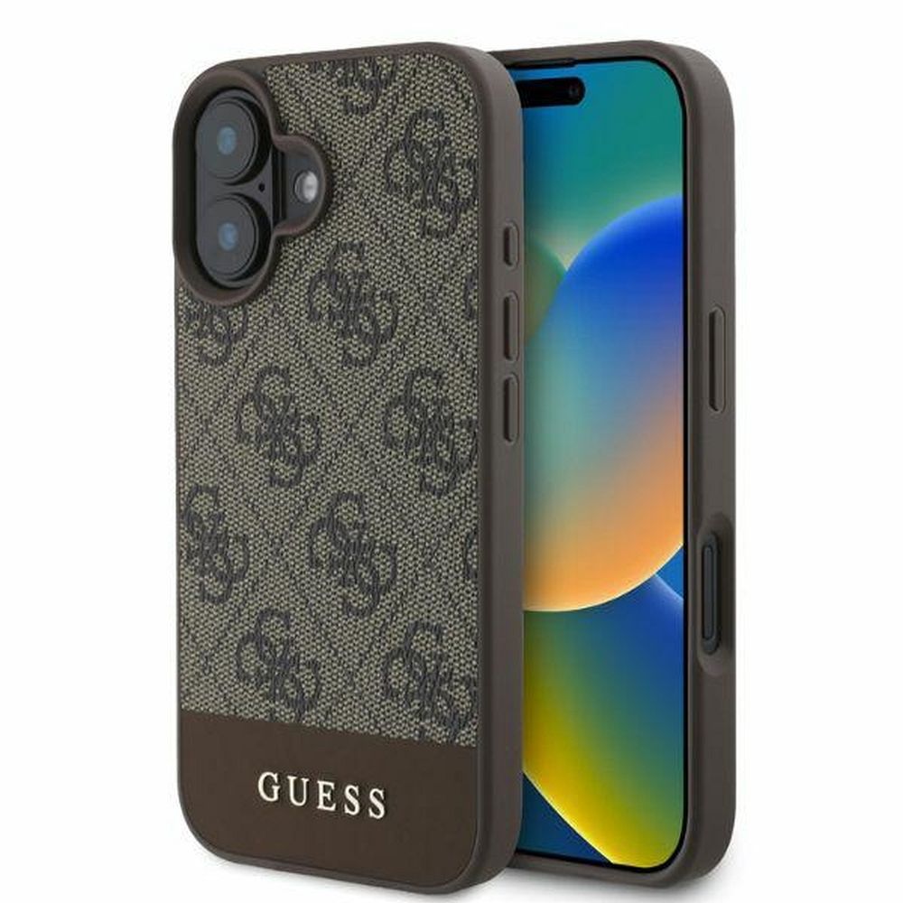 GUESS Handyhülle für iPhone 16 GUHCP16SG4GLBR (PC/TPU 4G PU Bottom Stripe) Braun