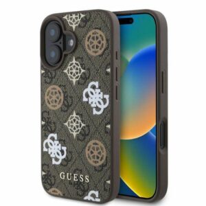 GUESS-Hülle für iPhone 16 kompatibel mit MagSafe GUHMP16SP4PWPW (PU Pfingstrose auf 4G-Hintergrund) braun