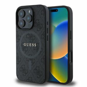 GUESS Hülle für iPhone 16 Pro, kompatibel mit MagSafe GUHMP16LG4GFRK (PU 4G Ring Classic Logo) Schwarz