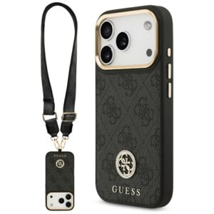 GUESS Hülle für iPhone 17 Pro kompatibel mit MagSafe GUHMP17LP4G4DCSK (PU mit Strass-Logo & großem Riemen, Metallknöpfe) schwarz