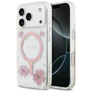 GUESS Hülle für iPhone 17 Pro kompatibel mit MagSafe GUHMP17LRBFGFGMP (Harzblumen und Glitzer) Pink – Bild 9
