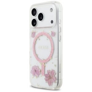 GUESS Hülle für iPhone 17 Pro kompatibel mit MagSafe GUHMP17LRBFGFGMP (Harzblumen und Glitzer) Pink – Bild 2