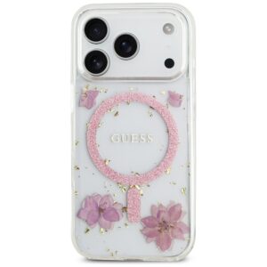 GUESS Hülle für iPhone 17 Pro kompatibel mit MagSafe GUHMP17LRBFGFGMP (Harzblumen und Glitzer) Pink – Bild 3