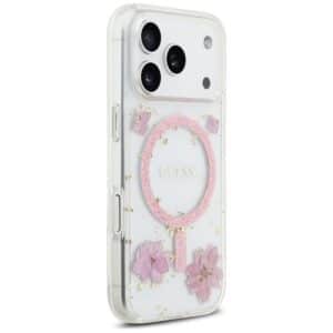 GUESS Hülle für iPhone 17 Pro kompatibel mit MagSafe GUHMP17LRBFGFGMP (Harzblumen und Glitzer) Pink – Bild 4