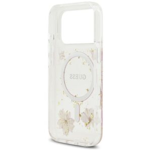 GUESS Hülle für iPhone 17 Pro kompatibel mit MagSafe GUHMP17LRBFGFGMP (Harzblumen und Glitzer) Pink