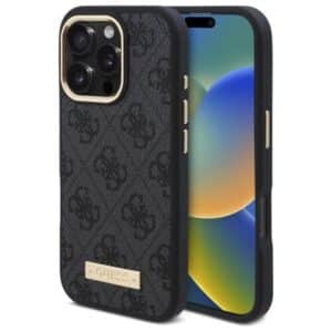 GUESS Hülle für iPhone 16 Pro Max, kompatibel mit MagSafe GUHMP16XU4GPRK (PU 4G Logo Platte), Schwarz