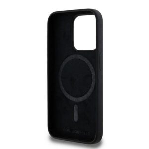 KARL LAGERFELD Hülle für iPhone 15 Pro, kompatibel mit MagSafe KLHMP15LSCMKCRHK (Silikon KC Body Ring) schwarz