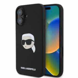 KARL LAGERFELD Hülle für iPhone 16, kompatibel mit MagSafe KLHMP16SSKHPPLK (Silicone Karl Kopf Print) schwarz