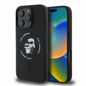 KARL LAGERFELD Hülle für iPhone 16 Pro Max, kompatibel mit MagSafe, KLHMP16XSCMKCRHK (Silikon KC Body Ring), schwarz