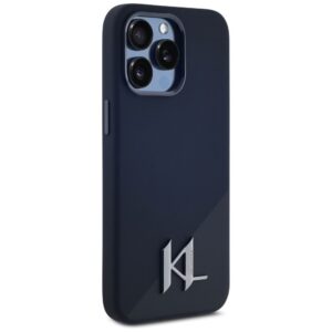 KARL LAGERFELD Hülle für iPhone 15 Pro, MagSafe-kompatibel KLHMP15LSCMKMPCK (Silikon mit Metall-Initialien-Logo), schwarz