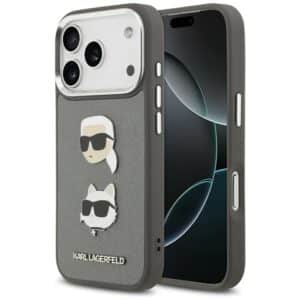 KARL LAGERFELD Hülle für iPhone 17 Pro KLHCP17LPSFDHPOG (FW genarbtes PU mit K&C Köpfen Anstecker & Logo) grau