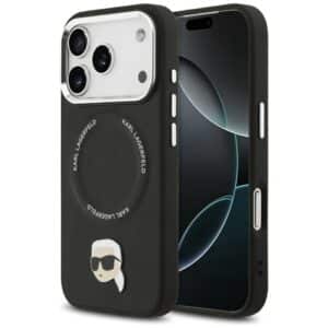 KARL LAGERFELD Hülle für iPhone 17 Pro, kompatibel mit MagSafe KLHMP17LPSMLRKLK (PU Karl Pin), schwarz