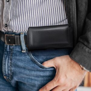 Leder Universal Gürtelholster – ROYAL / Schwarz – Größe XL – für IPHONE 13 PRO MAX / 14 PRO MAX / SAMSUNG S21 PLUS / S20 FE / A50 / A51 5G / HUAWEI P30 PRO / P40 PRO / OPPO A98 5G