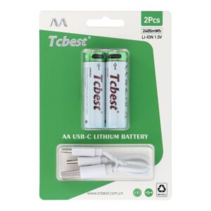TCBEST wiederaufladbare Batterie R6 (AA) 1600 mAh mit Type-C-Anschluss + USB-A zu 2 x Type-C Kabel, 2 Stück