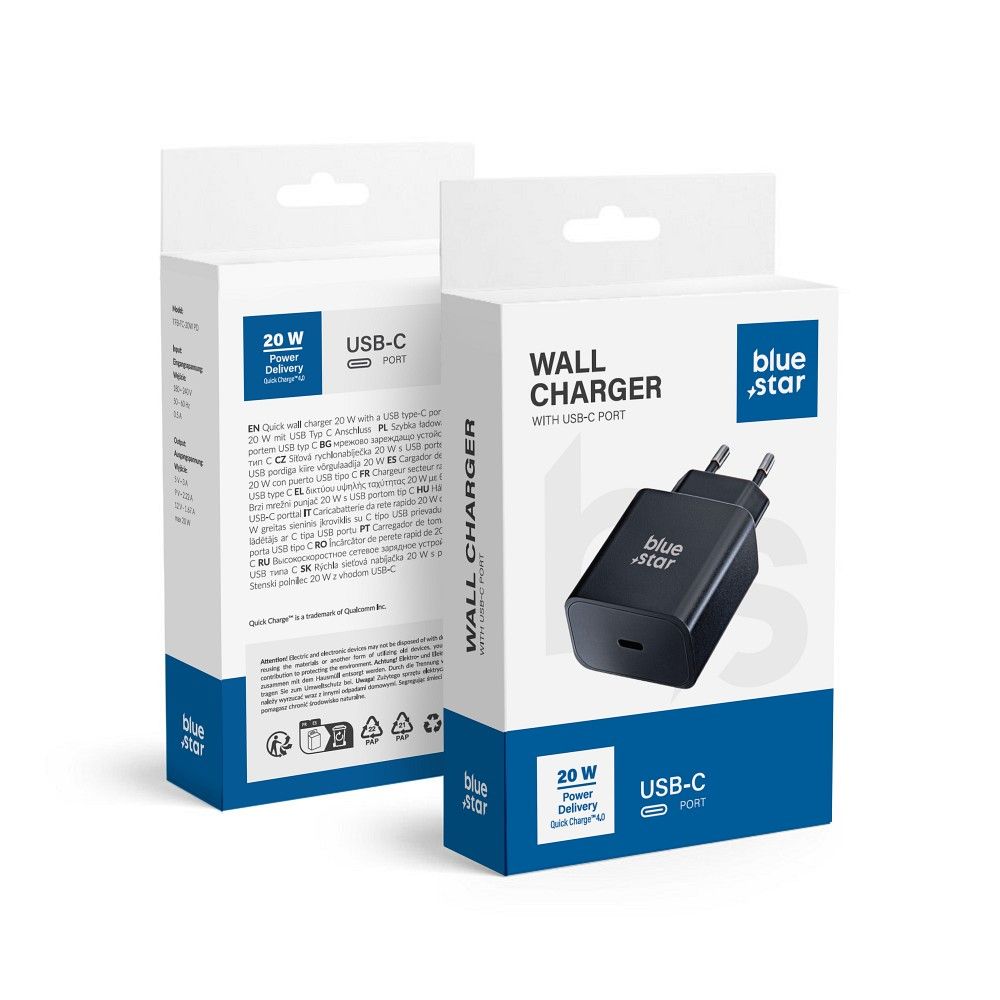 NETZ – Ladegerät Blue Star mit USB Typ C – 3A 20W Anschluss mit PD und Quick Charge 4.0 Ladefunktion