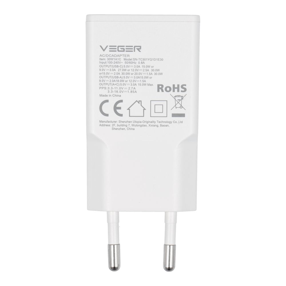 VEGER Wandladegerät USB A + USB C QC PD 30W 30W1A1C weiß – Bild 5
