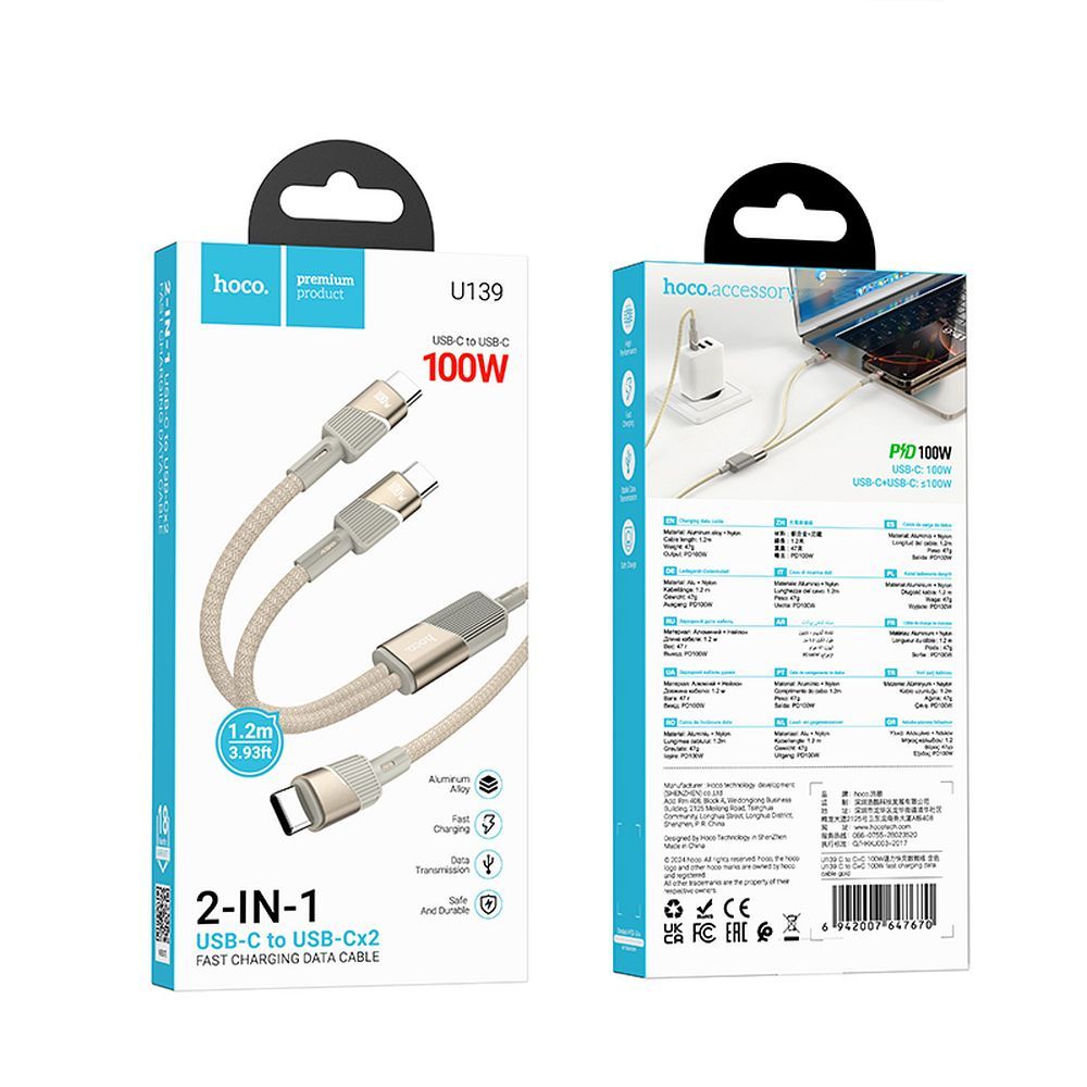 Kabel 2in1 USB-C zu USB-C / USB-C Hoco 5A 100W 1,2 m U139 Gold – Bild 7