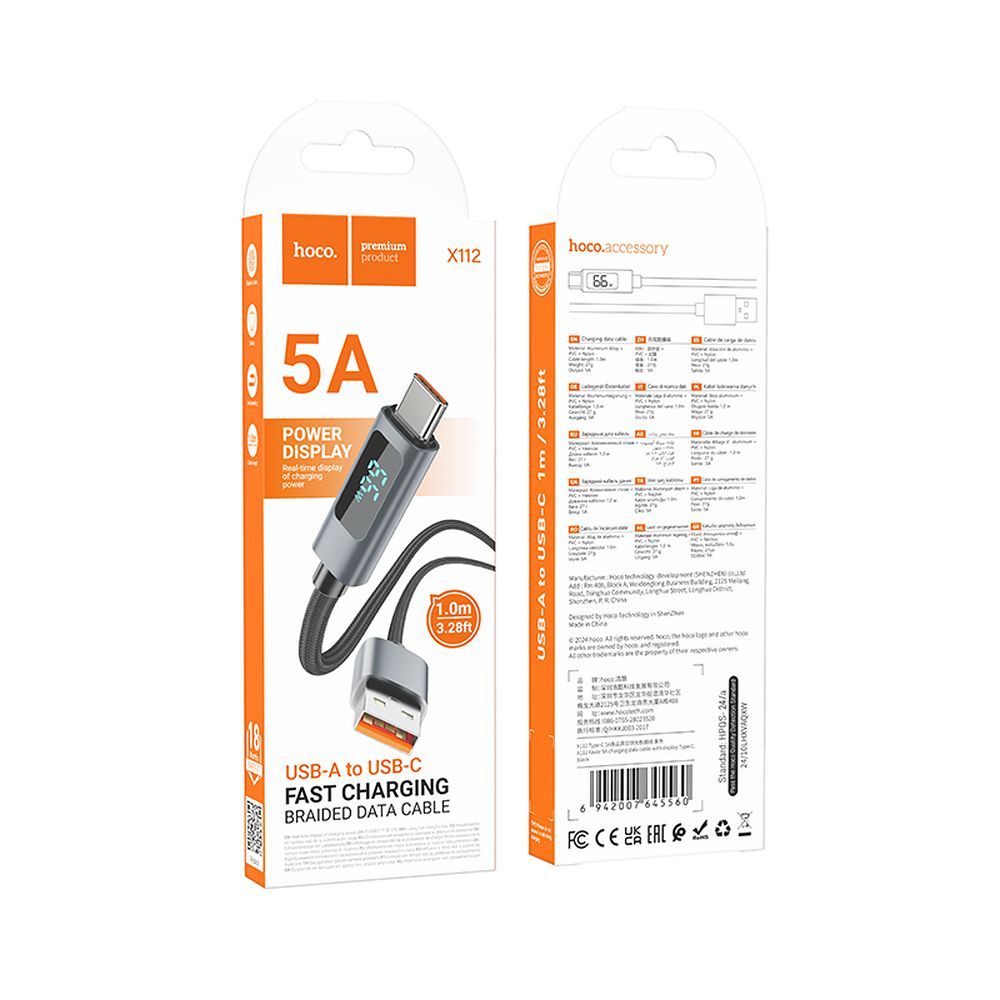 Hoco USB A auf USB C Kabel 5A mit Anzeige, 1 m, X112, Schwarz – Bild 10