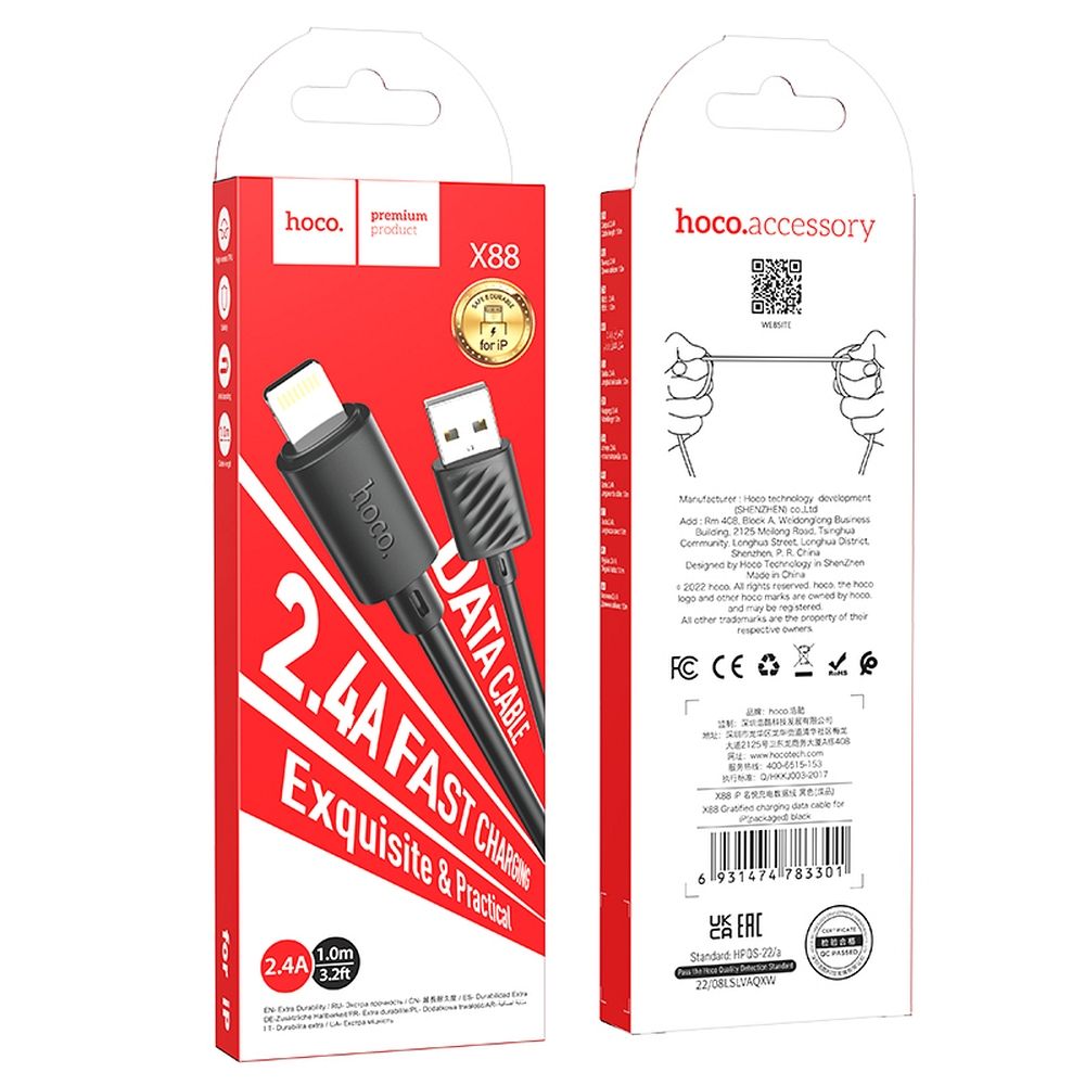 HOCO USB-A zu Lightning Kabel X88 2,4A, 1 m, schwarz – Bild 6