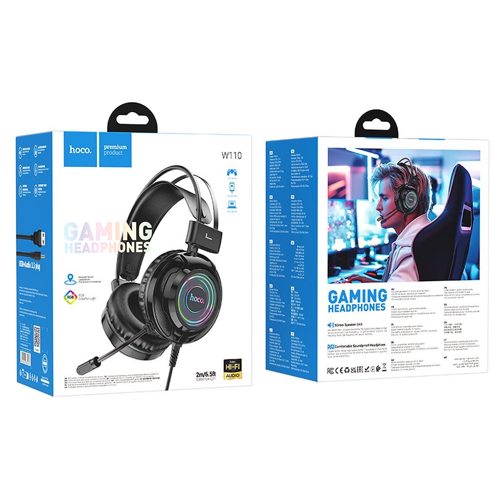 HOCO W110 Gaming-Kopfhörer mit Kabel, USB A + 3,5 mm Klinke, mit Mikrofon, 2 m, Schwarz – Bild 7