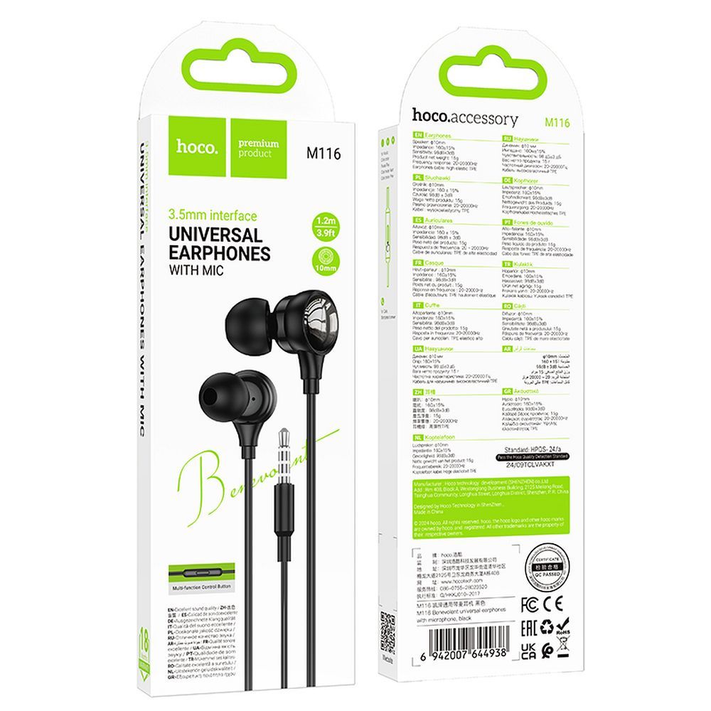 HOCO kabelgebundene Ohrhörer mit 3,5 mm Klinkenanschluss und Mikrofon M116, schwarz – Bild 6