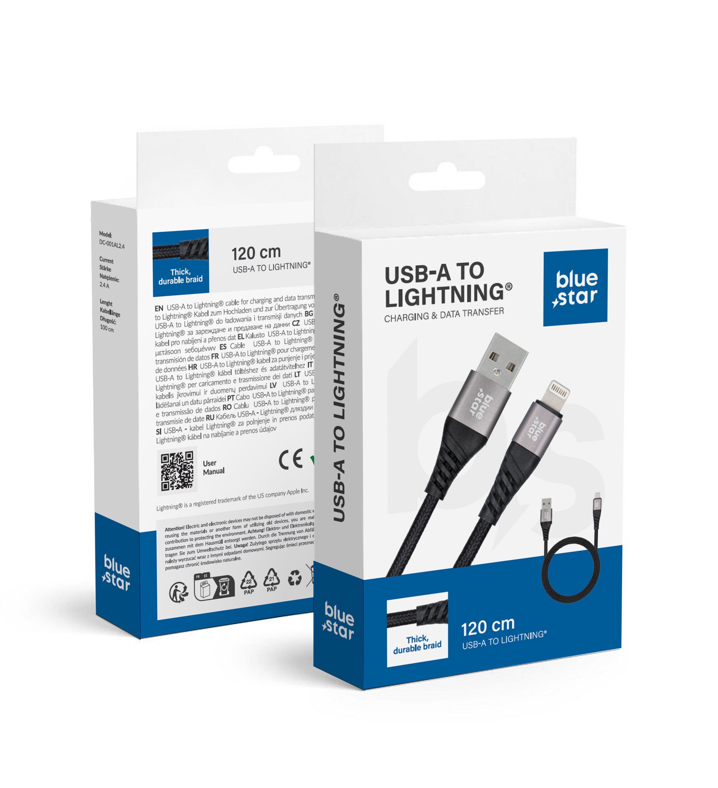 Blue Star geflochtenes USB-A-zu-Lightning-Kabel mit 2,4A Anschluss