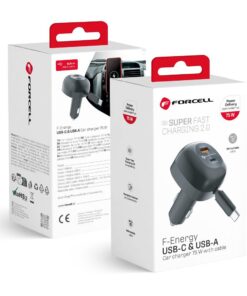 Auto-Ladegerät Forcell F-Energy Alu USB-C + USB-A + einziehbares USB-C-Kabel PD QC4.0 SFC2.0 3A 75W schwarz