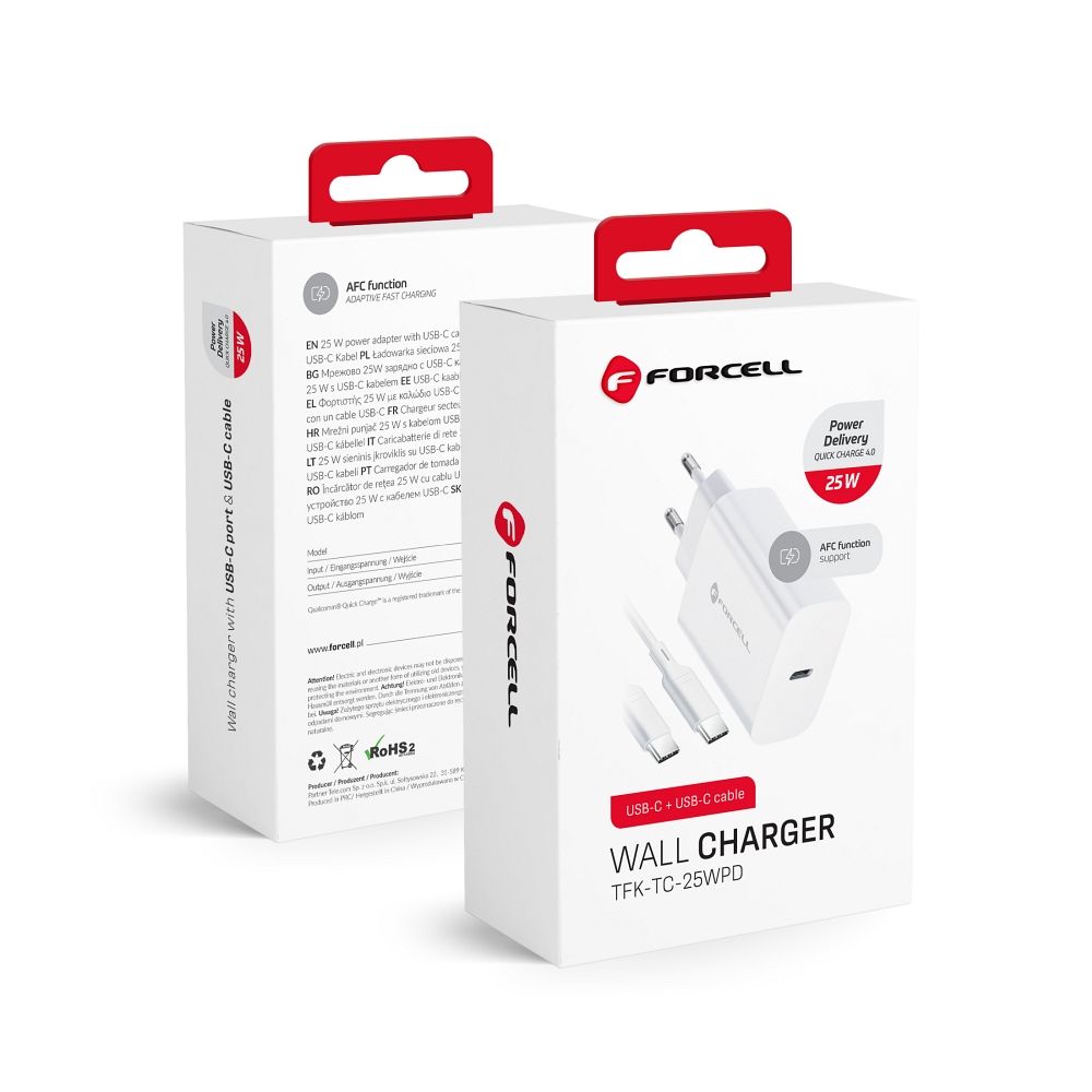 NETZ – Forcell Ladegerät mit USB Typ-C Kabel – 3A 25W Anschluss mit PD und Quick Charge 4.0 Ladefunktion
