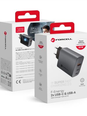 Forcell F-Energy GaN-Netzladegerät – 65W mit 2x USB-C und 1x USB-A Anschlüssen, PD und QC 4.0 Unterstützung