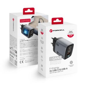 FORCELL F-ENERGY GaN III VT-37 Netzladegerät mit LCD-Display, 2 x Typ C + USB A, PD QC4.0, SAM SFC2.0, 3,45A, 70W, grau