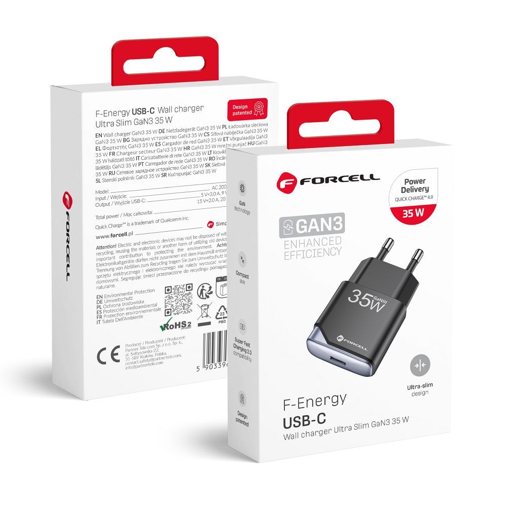 Forcell F-Energy Ultra Slim GaN III USB-C PD QC4.0 3A 35W B135101-E Schwarz Ladegerät