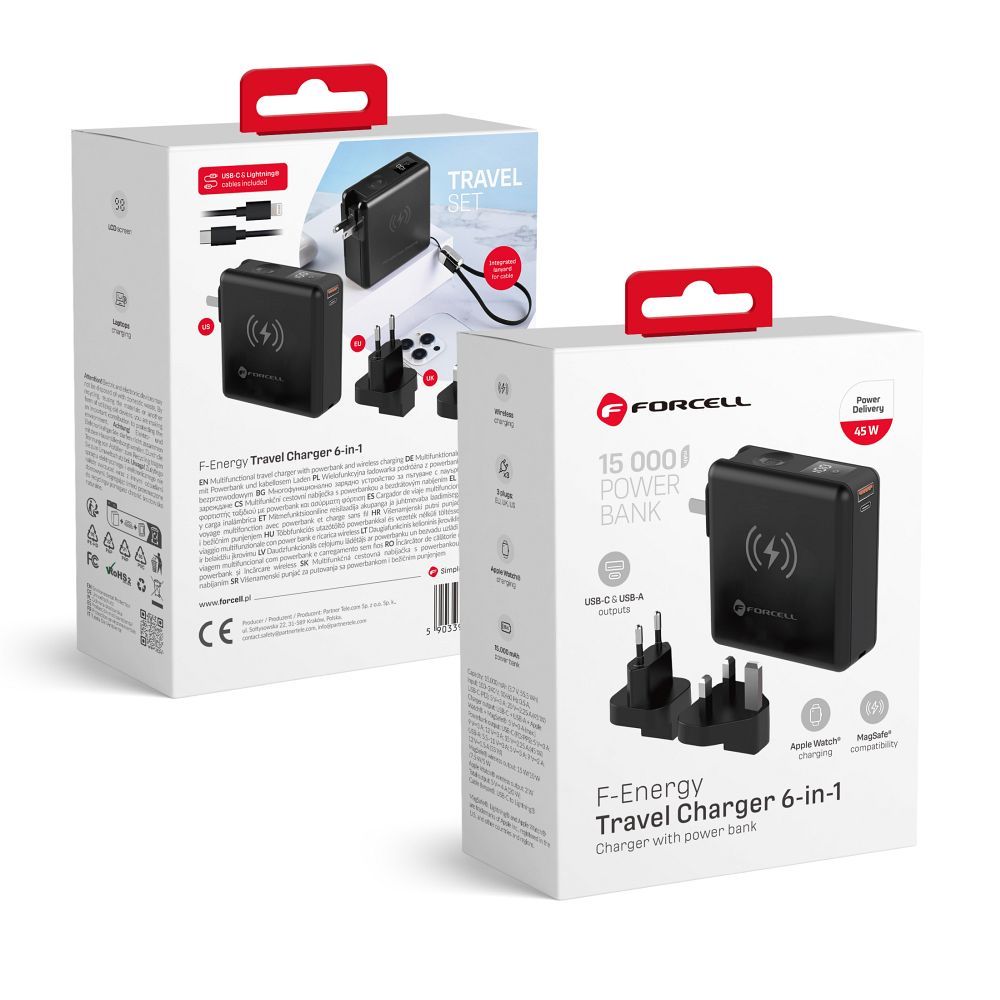 Multifunktionsladegerät Forcell F-Energy 6in1 USB A + USB C PD 45W + Powerbank 15.000 mAh + kabelloses Laden 15W schwarz