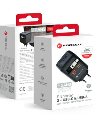 Phone Charger Forcell F-Energy GaN USB C + USB A + aufrollbares Kabel USB C PD QC4.0 3A 70W VT-R7 Grau