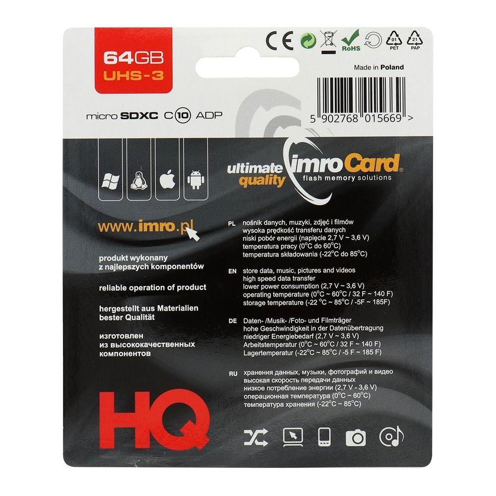 IMRO microSD Speicherkarte 64GB CLASS 10 UHS 3 100MB/s mit SD-Adapter – Bild 3